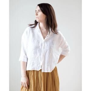 CP Shades Rooney Boxy Crop Blouse In White Linen Size Large Button Down